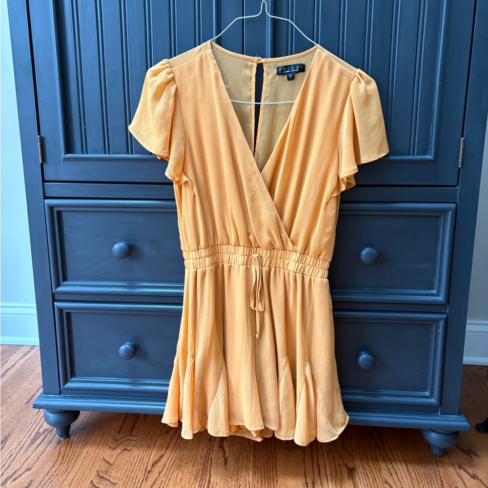 Trixxi Dark Yellow Flowy Romper with Tie Waist, Fully Lined